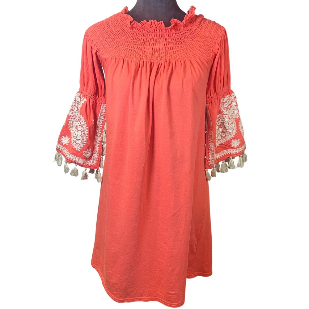 Vava by Joy Han Coral Embroidered Tassel Bell Sleeve Mini Dress XS Bohoemian
